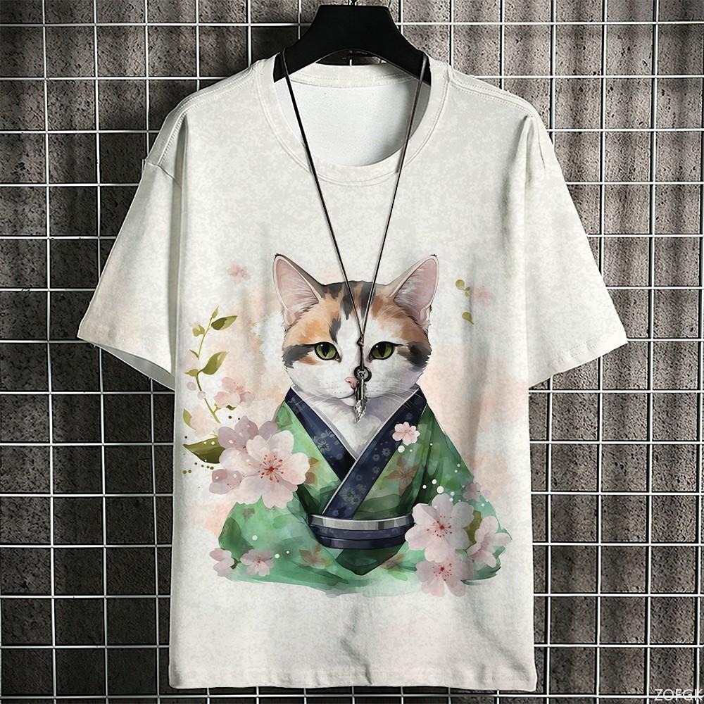 Japanese Samurai Cat Men Summer Fashion Short Sleeve 3d Printed Cartoon Clothing Anime