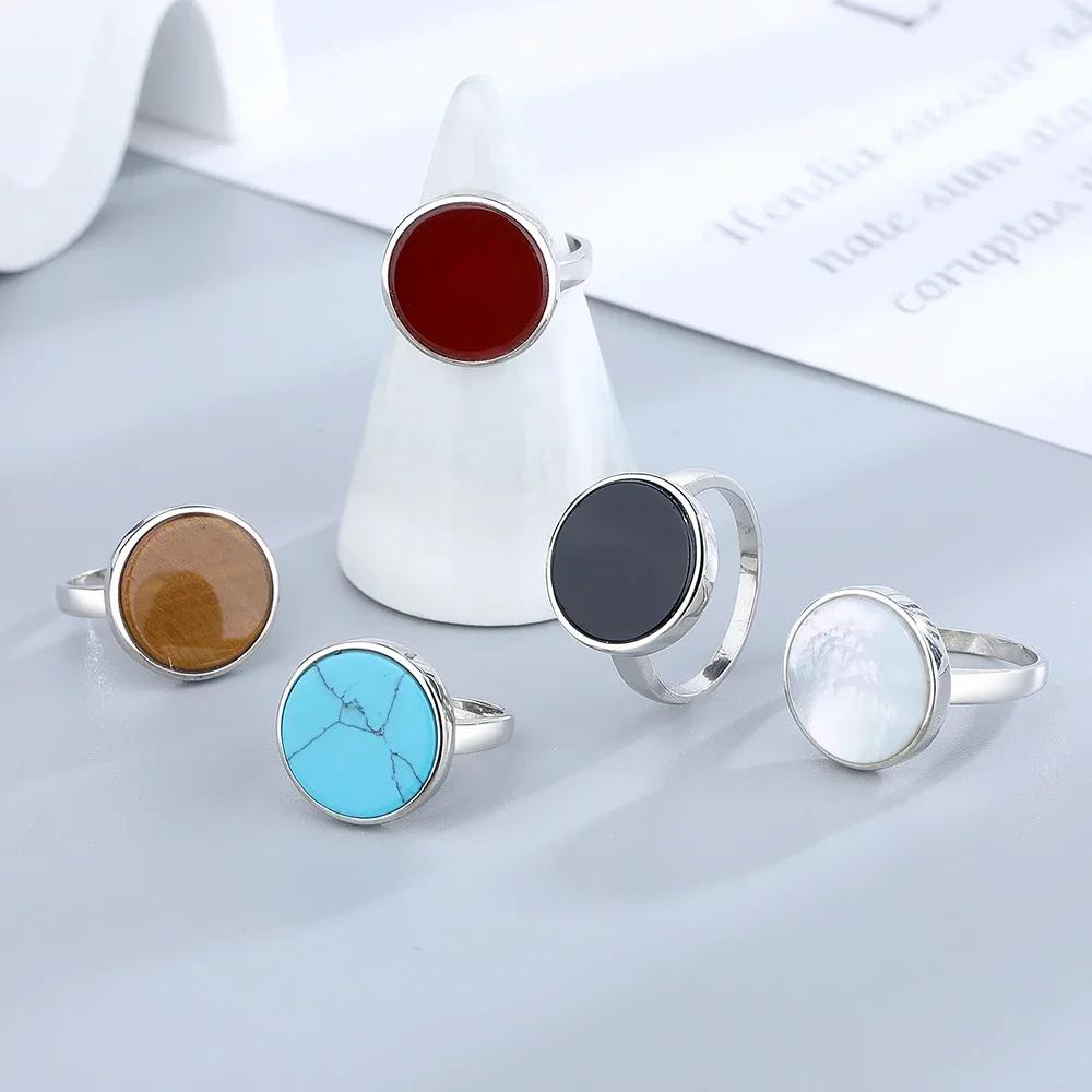 Women Ring 15MM Natural Stone Lapis Agate Malachite Brief Design Cute Ring Fashion Women Party Jewelry