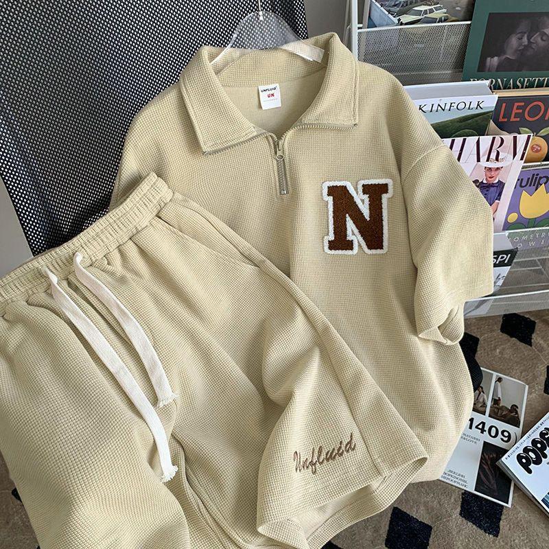 Women's Loose Fit Two Piece Tracksuit Short Sleeve Polo Top Elastic Waist Shorts Waffle Knit Casual Matching Set