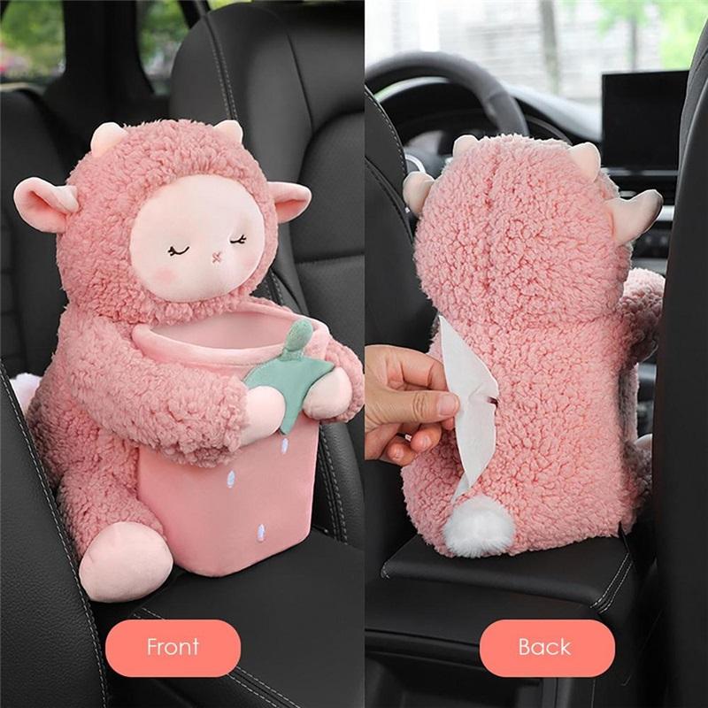 2 In1 Cute Cartoon Car Tissue Box With Ashcan Creative Plush Tissue Box Holder Auto Armrest Box Car Garbage Can for car interior