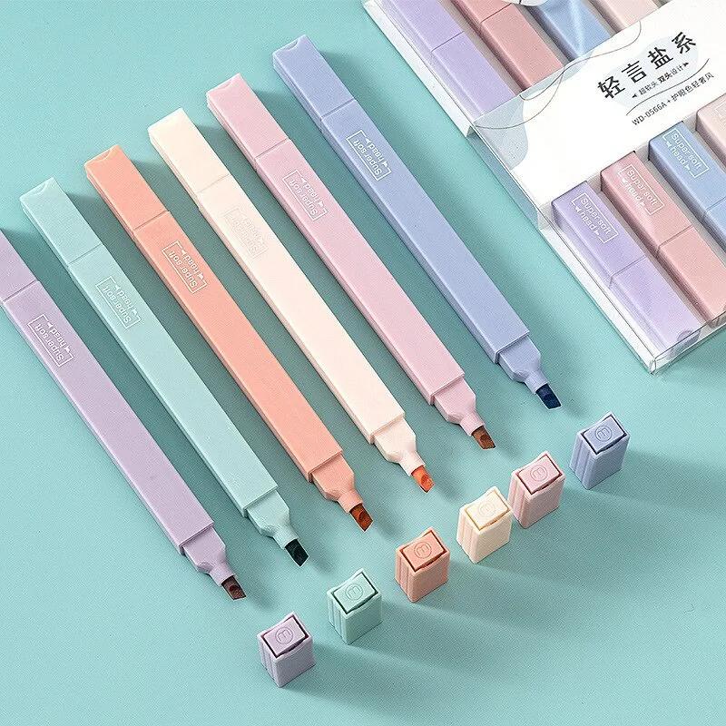 6Pcs Super Soft Double Head Color Marker Highlighter Pen Multi Mild Colors Protect Eye Spot Liner Office School Supplies