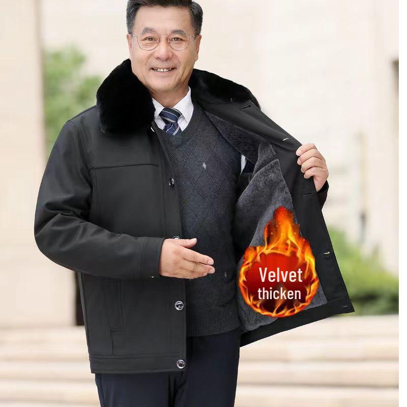 Velvet-Lined Thick Jacket for Men (Ages 60-70) - Warm Autumn/Winter Outerwear