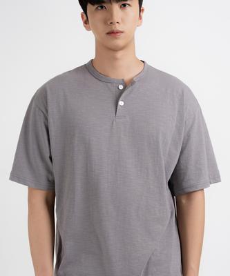 UNDEROFF Oversized Slub Henley Neck Short Sleeve T-Shirt Gray