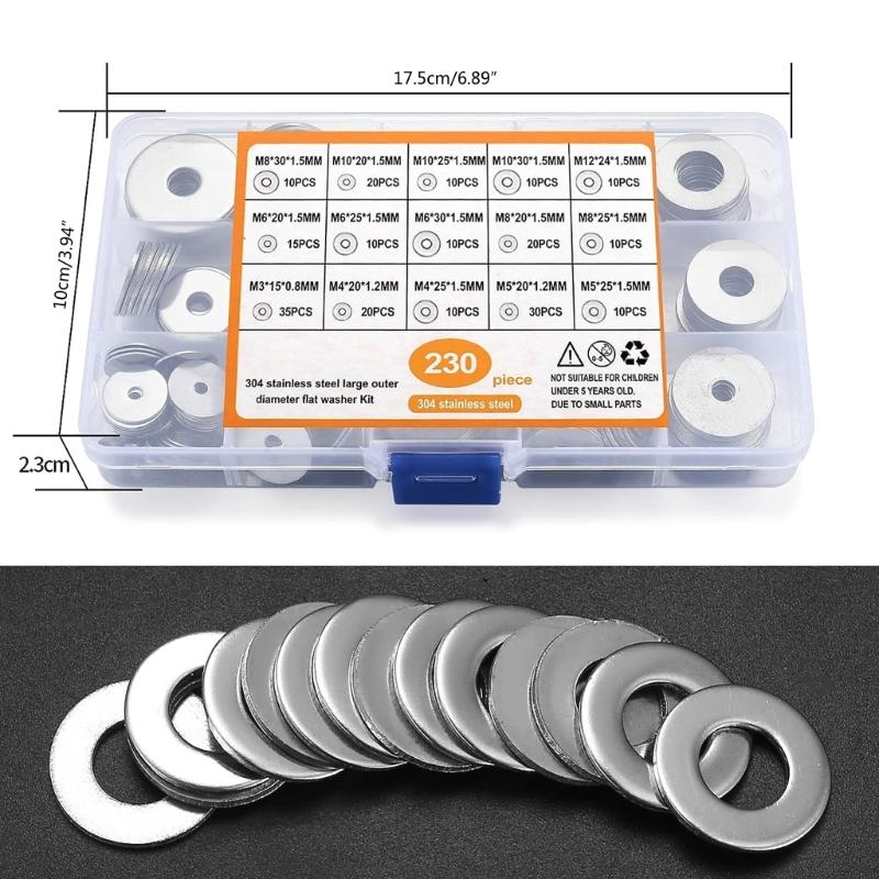 230Pieces Flat Washers Various size Strong Set for DIY Projects and Repairs