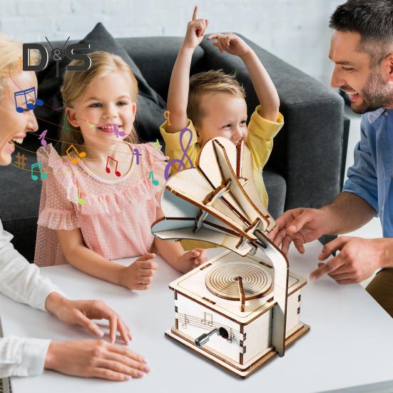 1 Set DIY Retro Gramophone Model Kit Handmade Wooden Puzzle Hand-cranked Phonograph Building Crafts Record Player STEM Project Kids Educational Toy