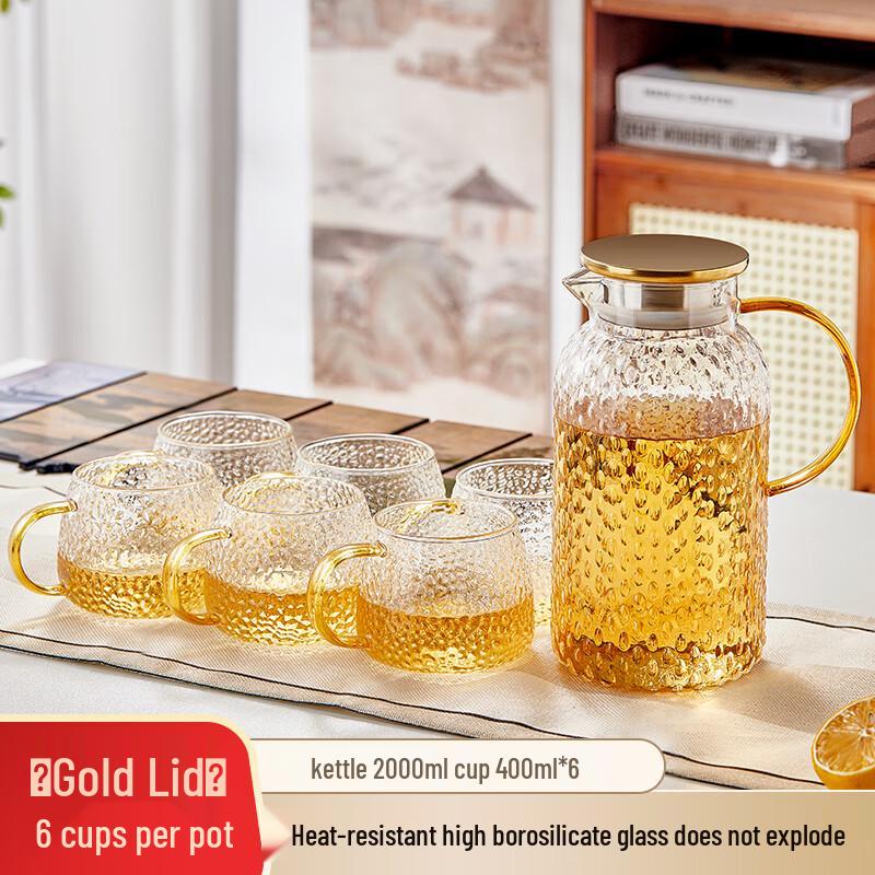 High Borosilicate Glass Cold Water Pitcher Set 2000ml Pitcher + 6x 400ml Cups + Cup Holder
