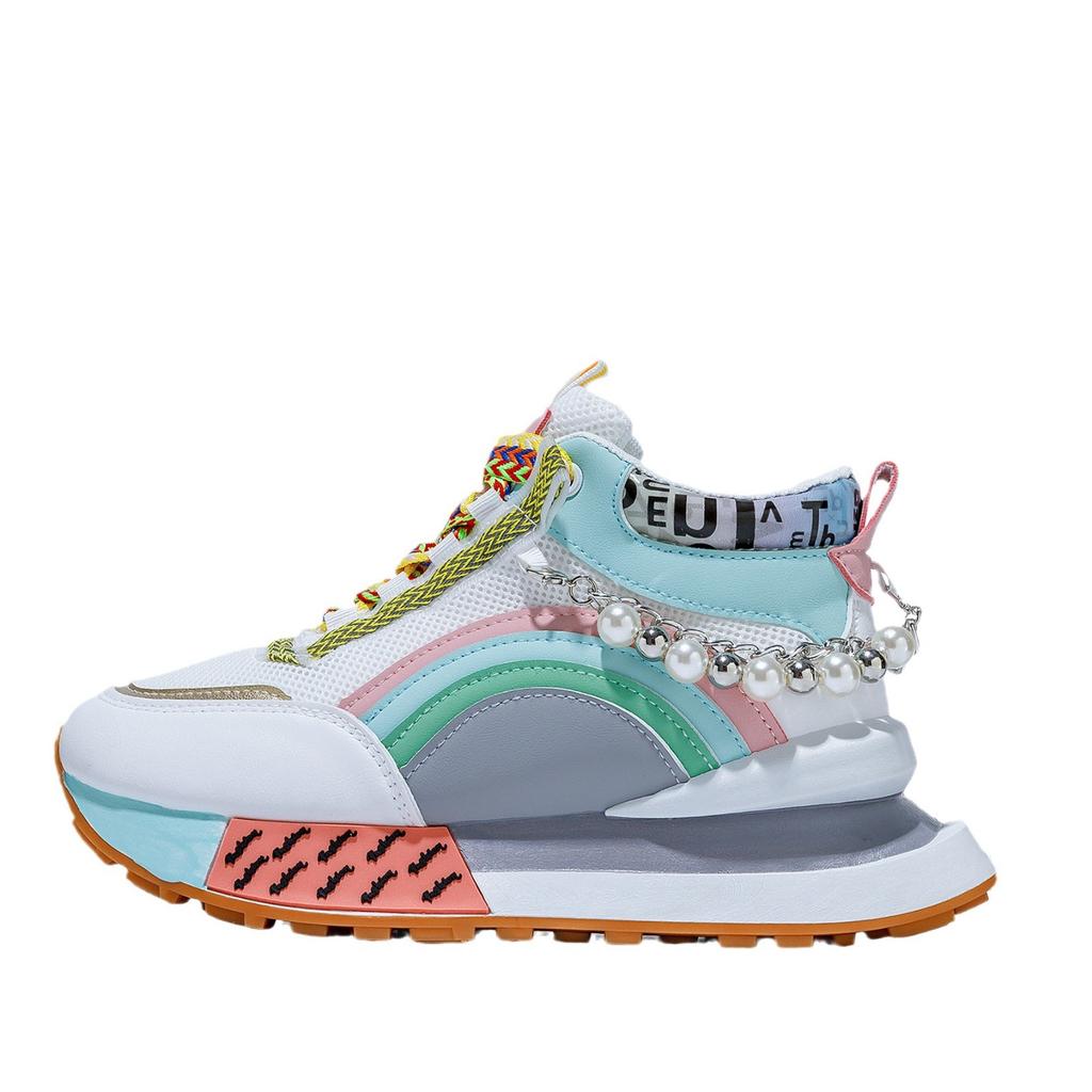 Thick-soled INS Trendy Versatile Niche Fashion Pearl Dad Shoes, Rainbow High-top Popular Sporty Casual Shoes