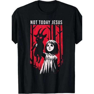 Camiseta de Hombre 100% algodón estampado en caliente_impresión 100% Hecho en América Hoy no Jesús Satanás Gótico Negro Cabra Demonio