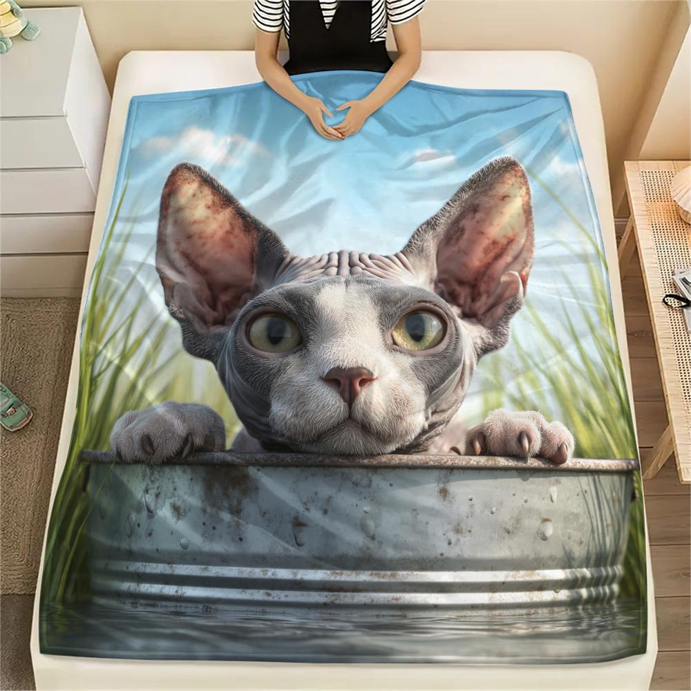 Hairless Cat Pattern Flannel Blanket, High Quality Comfortable for All Seasons, Home Decor, Warmth and Comfort, Perfect for Gifts.