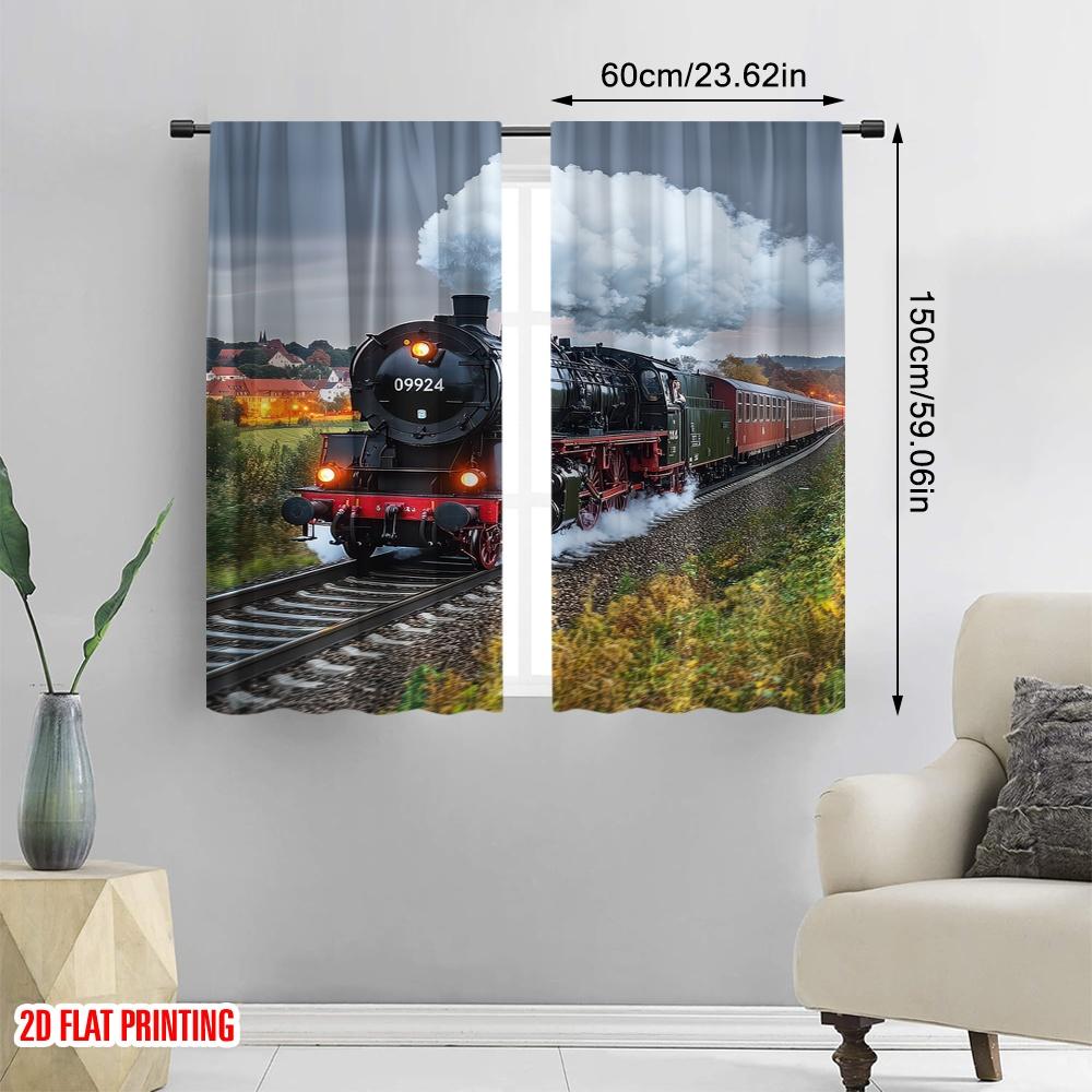 Set Of 2 Flat Printing Drapes Old Steam Train Railway Track Spring Nature Landscape Light Filter Festive Backdrops Curtain Made Polyester