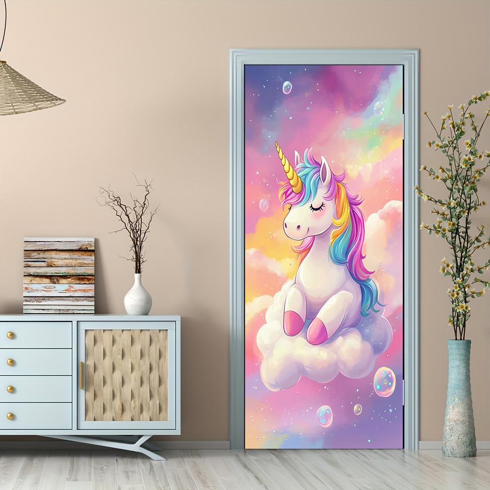 1pcs Rainbow Unicorn Cartoon Door Stickers, Children's Room Bedroom Decoration Stickers, Cute Animal Wall Stickers, Self Adhesiv