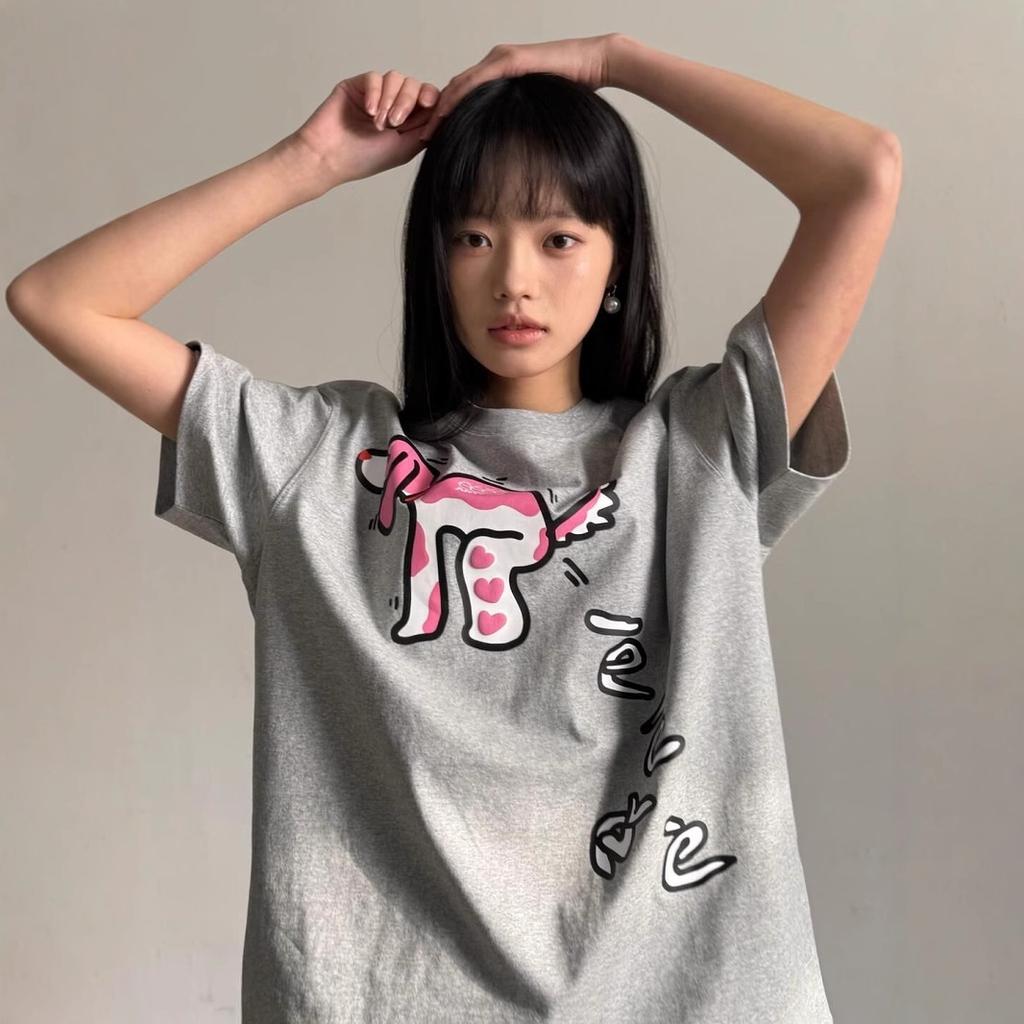 2025 Summer Casual Loose T Shirt Women's Streetwear Harajuku Funny Cartoon Print Gray Pink Short Sleeve T-shirts Women Y2k Tops