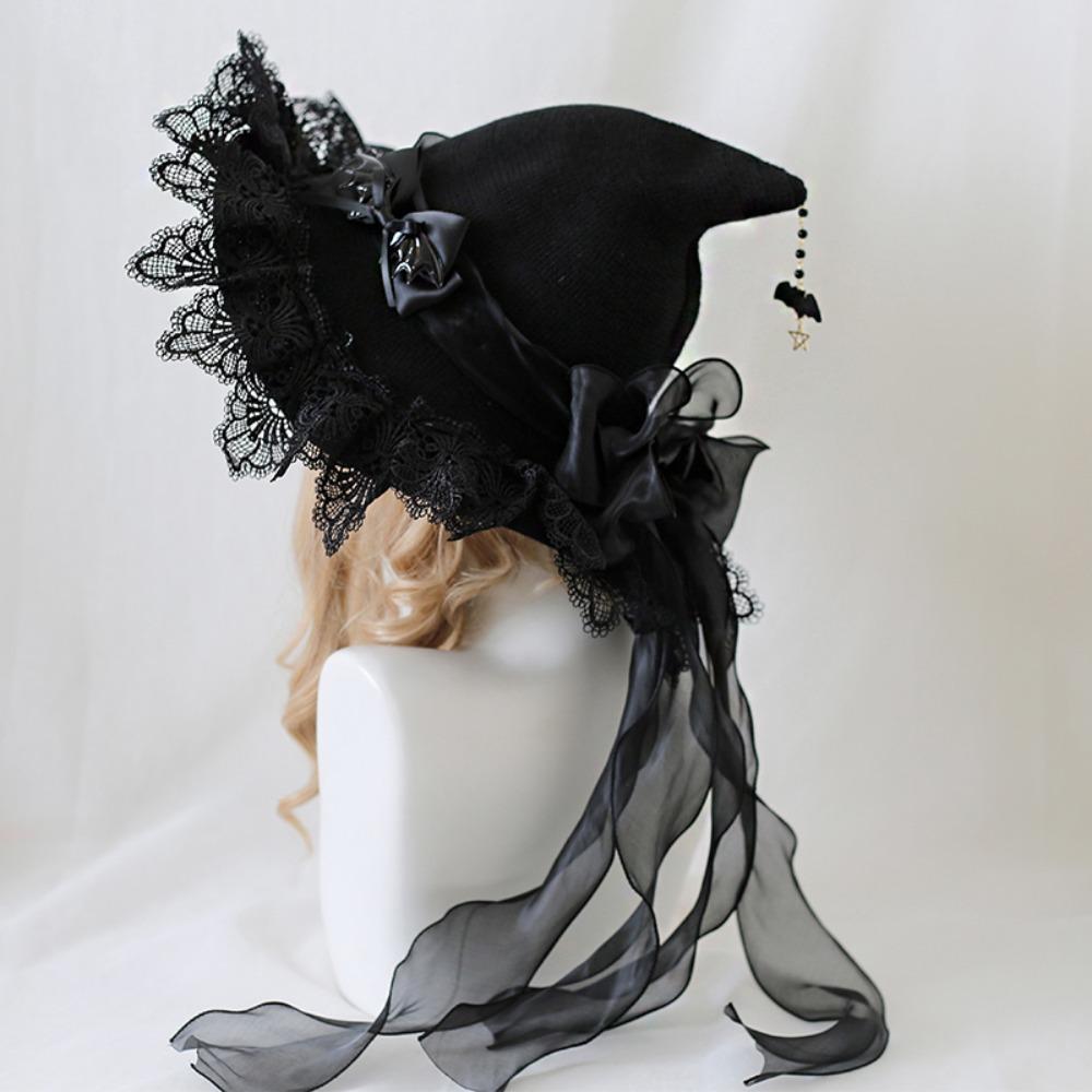 Lace Lolita Witch Hat Bow Ribbon Wizard Cap Funny Pointed Mage Hat Role Play Style 1