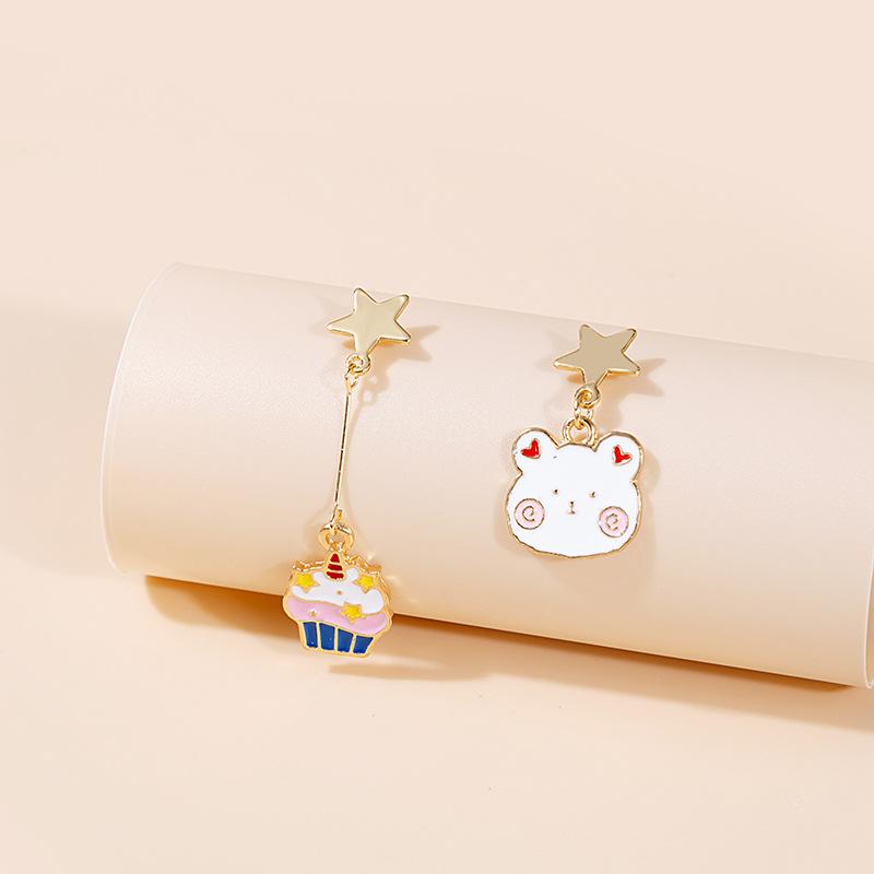 Asymmetrical Cartoon Balloon Bear Earrings, Cute Rainbow Rabbit Cat Cake Daisy Angel Stud Earrings