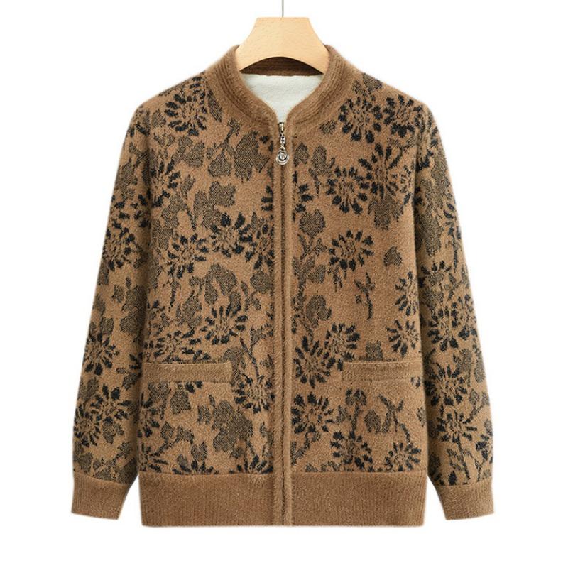 Middle-aged and Elderly Mothers Wear Spring and Autumn Knitted Cardigan Sweater Jacket Crew Neck Printed Top Loose Casual Women's Clothes