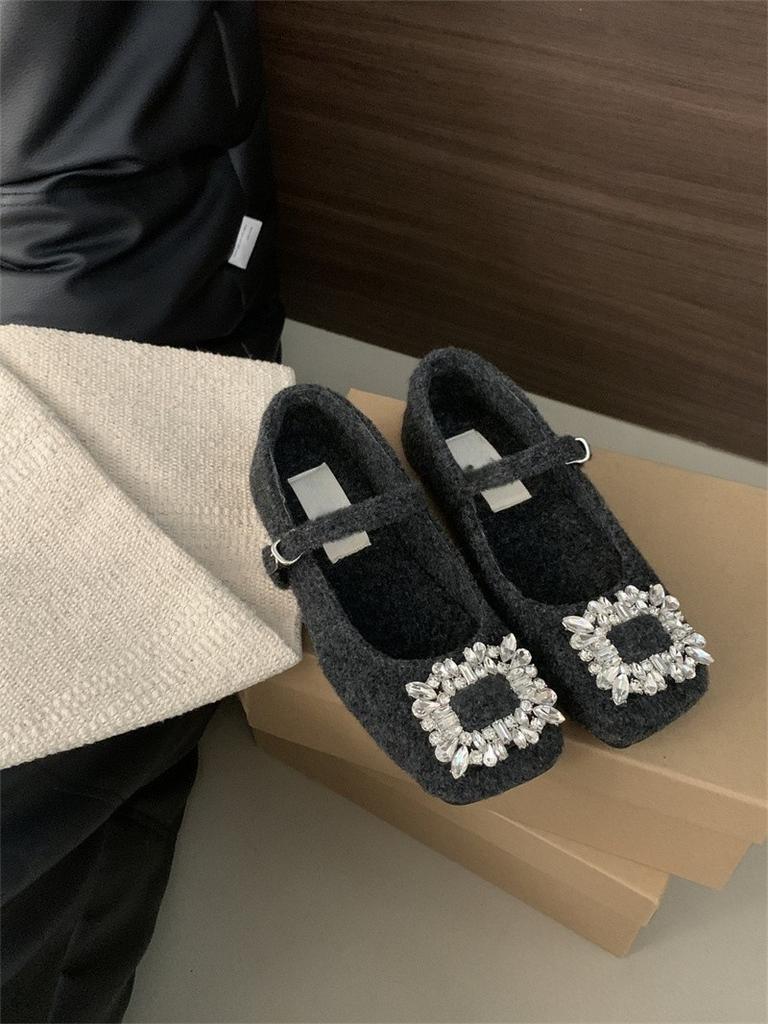 Flat season velvet square buckle rhinestone fluffy shoes femininity Mary Jane single shoes thermal cotton shoes