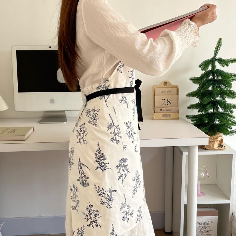 1pc Pure Cotton Canvas Drawstring Apron Black and White Leaf-shaped Apron Korean Style Modern Simple Kitchen Supplies