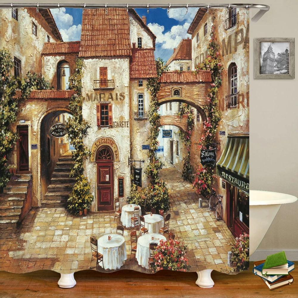 Town Street Scenery Shower Curtains Home Decor Polyester Fabric Bathroom Shower Curtains Oil Painting Waterproof Bath Curtains