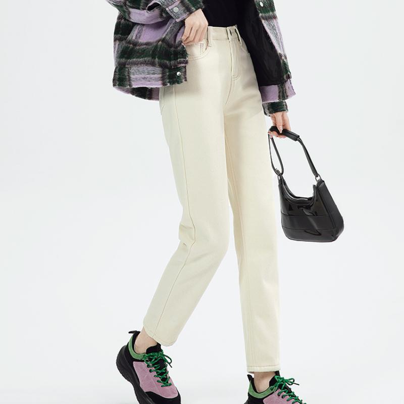 New Jeans Woman High Waist Warm Plush Elastic Denim Pants Jeans for Women Retro Streetwear Washed Baggy Leisure Straight Pants