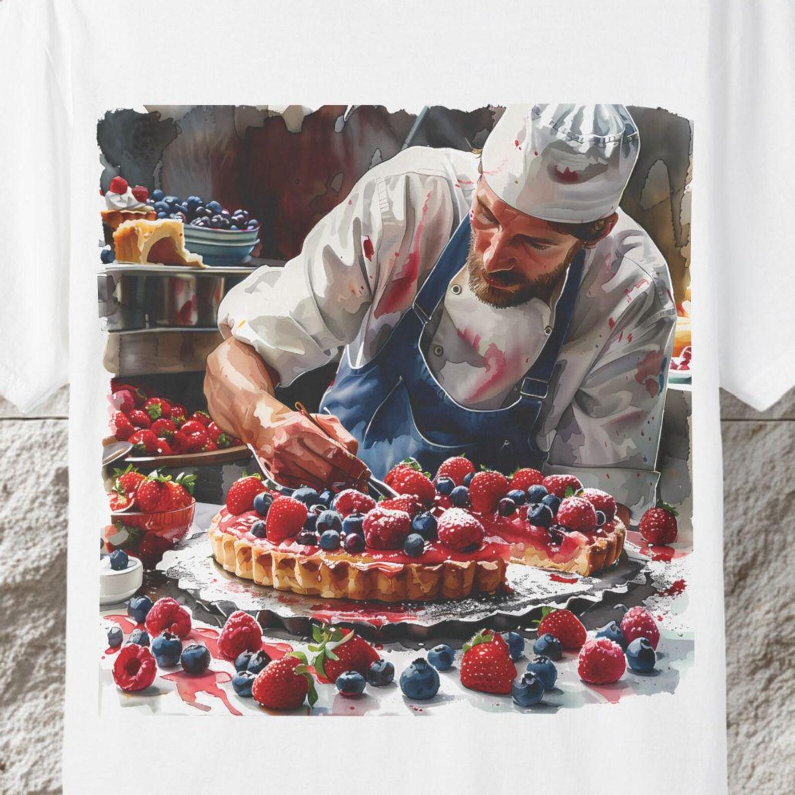 Pastry Chef Berry Tart T-Shirt, Watercolor Baker Illustration S