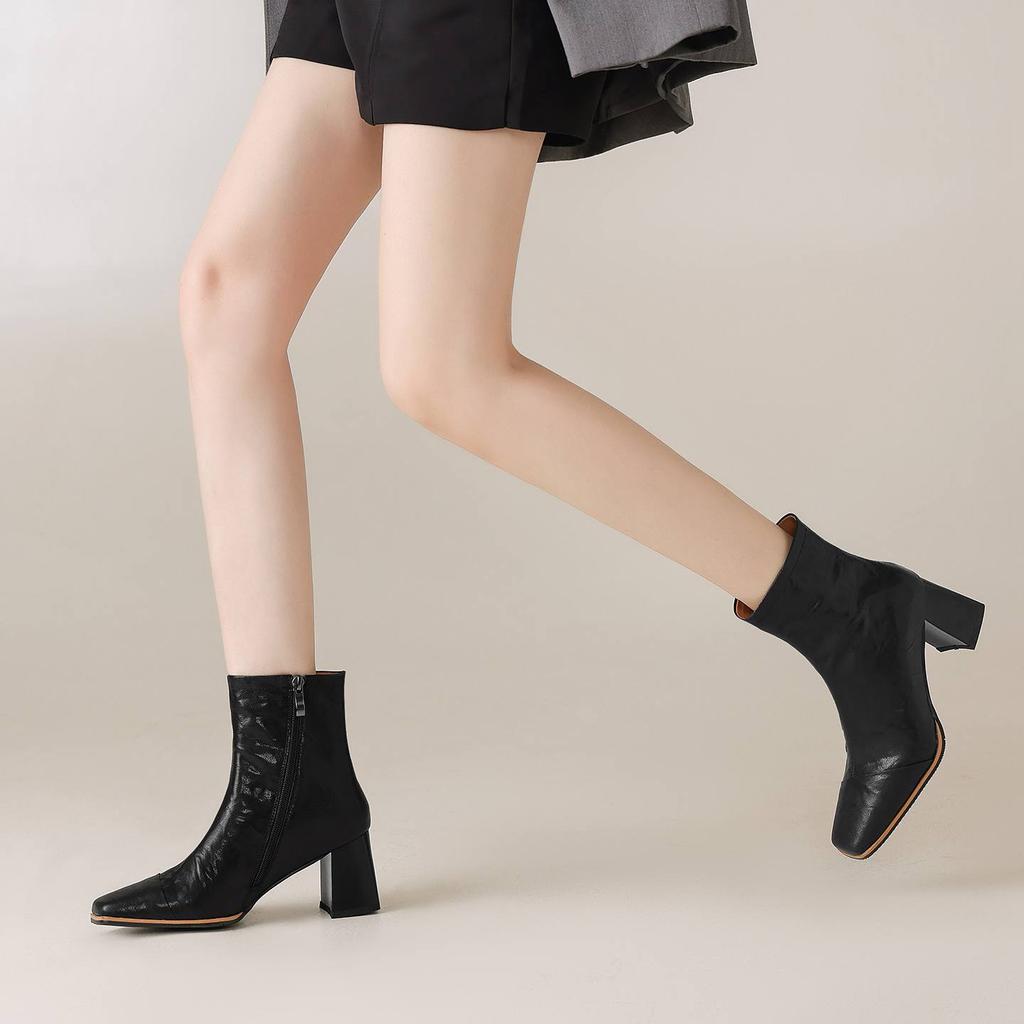 Krazing Pot Sheepskin Autumn Winter Shoes Thick High Heels Big Size 43 Modern Boots Square Toe Keep Warm Zip Pleated Design Ankle Boots