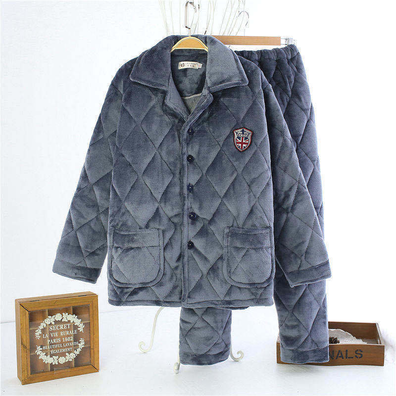 Men's pajamas autumn and winter thick padded jacket three-layer padded cotton winter warm loungewear suit casual style