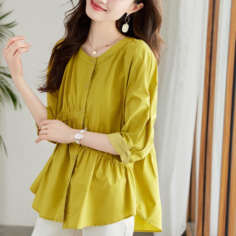New Summer Pure Cotton Shirt Asymmetric Commuter Pleated White Shirt Women's Quarter-sleeved Top