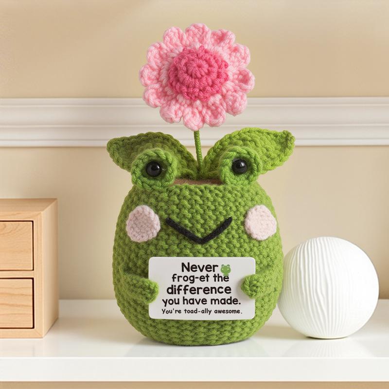 Funny Positive Crochet Frog Bee Plant Pot Doll Desktop Ornament Handmade Emotional Support Positive Frog Pot Home Decoration