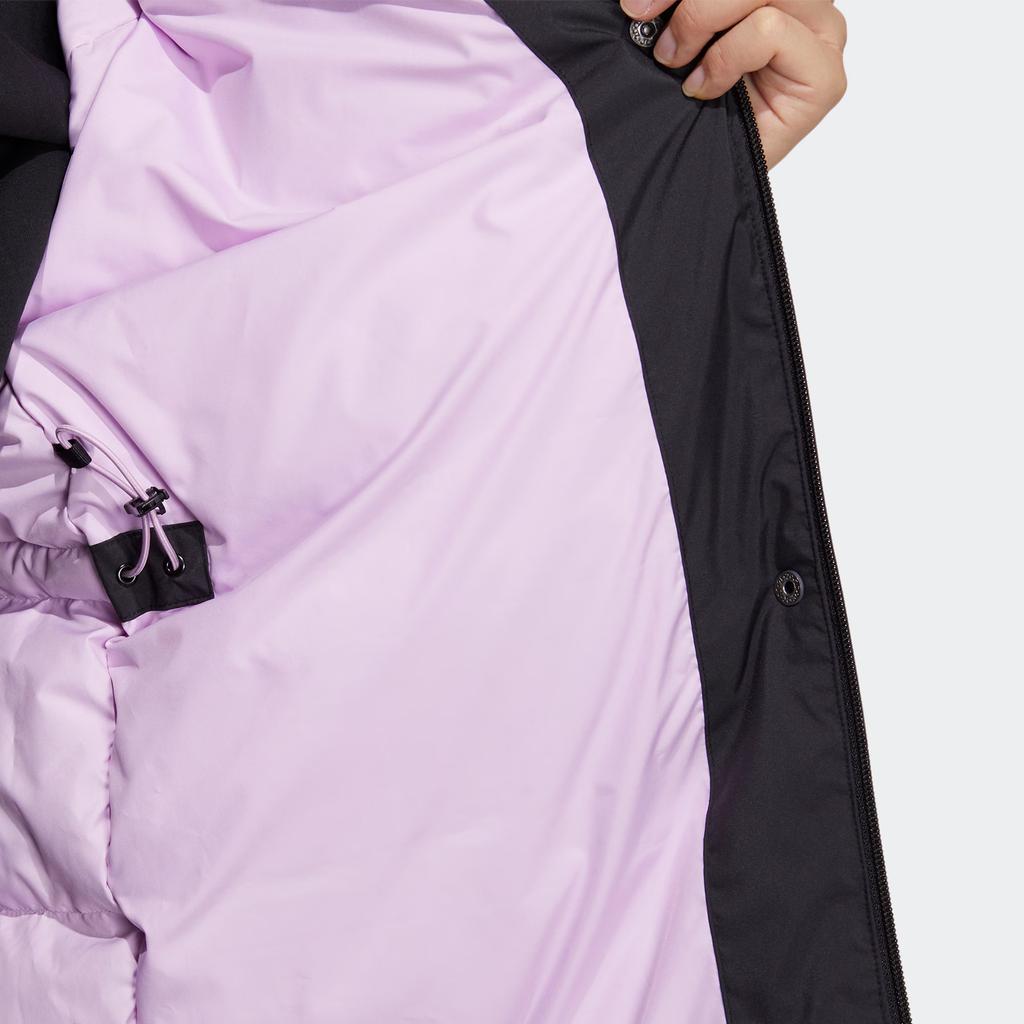 Adidas Dámská středně dlouhá péřová bunda s potiskem loga v jednobarevném provedení, vrchní oděv, černá HN2115