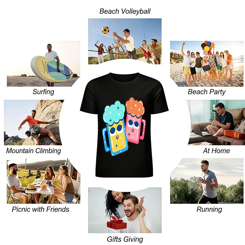 Funny Cartoon Beer Mug Print Casual T-Shirt Unisex Trendy Creative Drink Pattern Loose Top Pure cotton T-shirt
