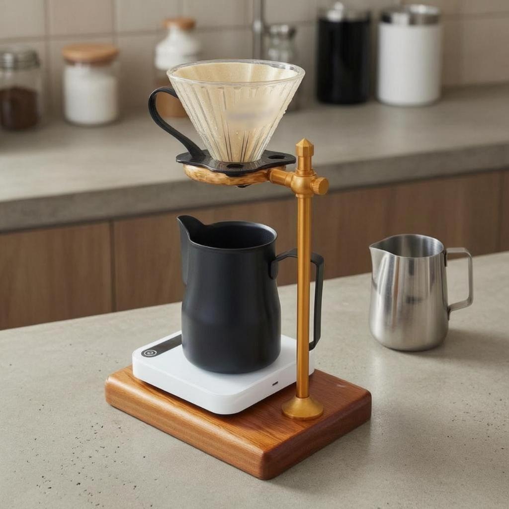 Manual Coffee Dripper Stand Solid Wood Colored Metal Wooden Holder