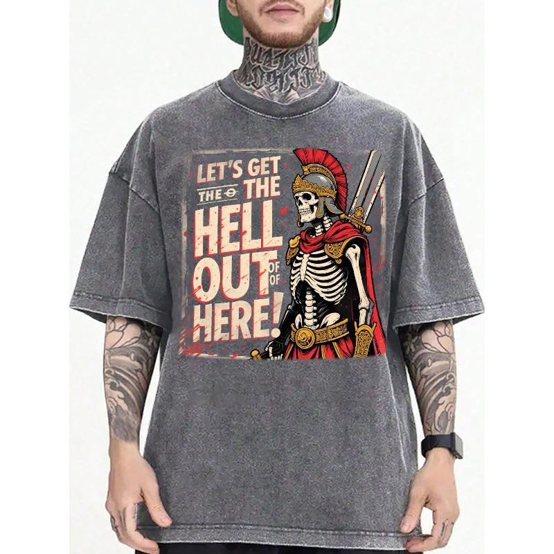 

Men S Vintage Washed Black Skeleton Warrior Graphic T-Shirt - Oversized Loose Fit Tee , Soft Streetwear Top for Casual 5XL сірий