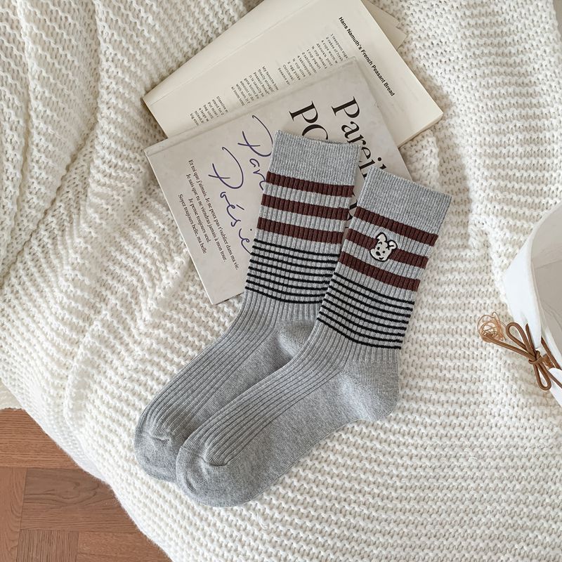 

Autumn and Winter Striped Embroidered Puppy Cartoon Mid-calf Socks for Girls 1 pair серый