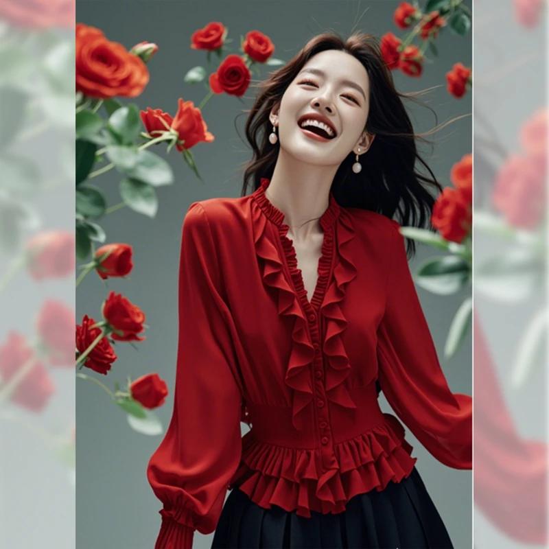 

French V-neck Red Wood Earrings Shirt Spring Autumn New Fashion Style Temperature Waist-Close and Slim Chic Top L красный