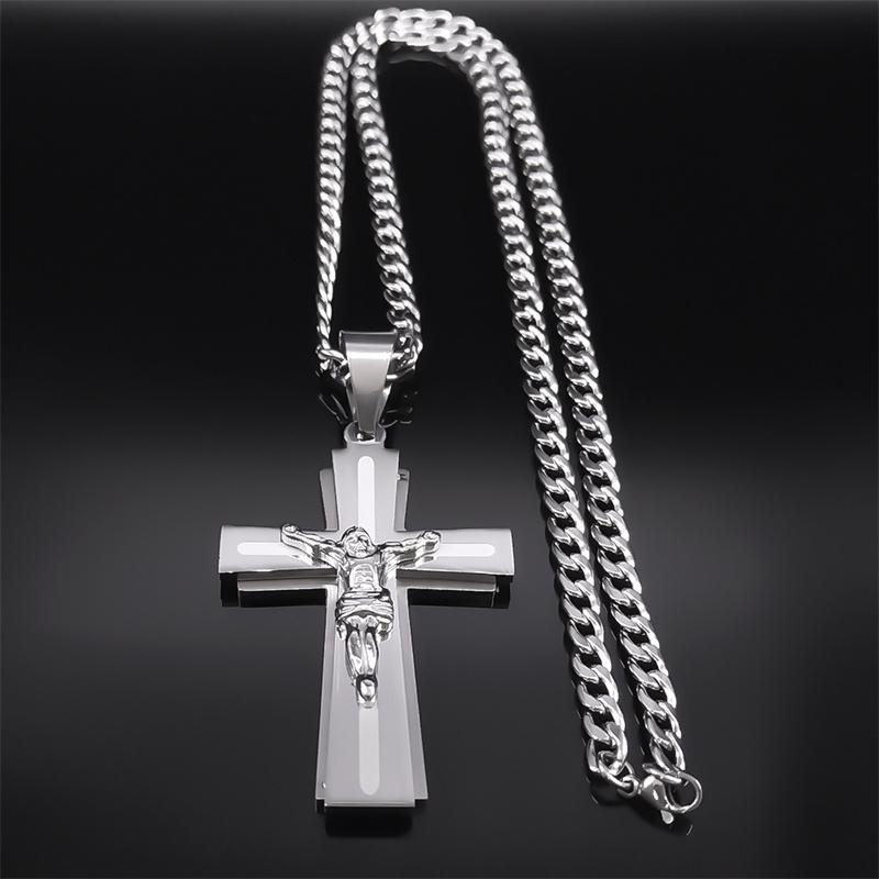 Collana con Croce di Gesù Acciaio Inossidabile Catena per Uomini Colore Argento Crocifisso Collane Religiose Gioielli Collare Cruz N2343S05