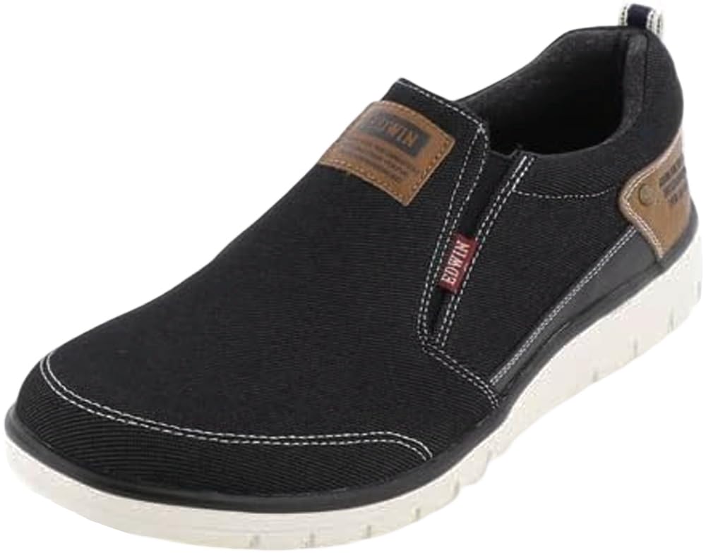 EDWIN Stretch Casual Size Lightweight, Plush, Cushioned, Wide, Non-Slip, Side-Gore Slip-On Sneakers, 25.5 cm, Black, EDW-7644