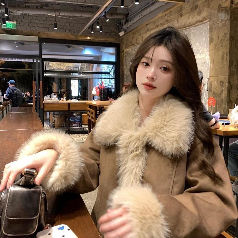 Retro Denim Jacket Imitation Fox Hair Suede Short Women's Small Thin Cotton-padded Clothes Autumn and Winter Tops