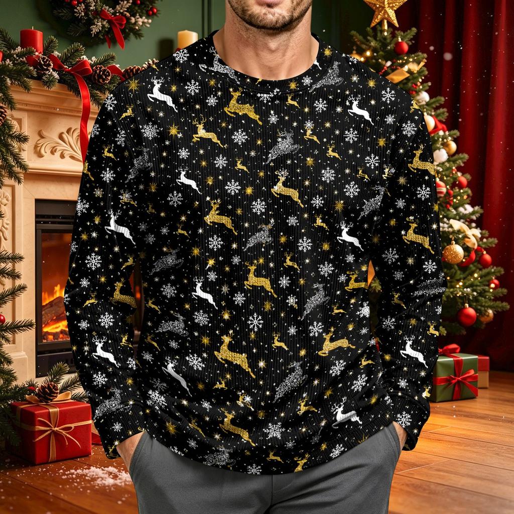 Men's Corduroy Long Sleeve Crewneck Top with Christmas Print for Holiday Casual Wear