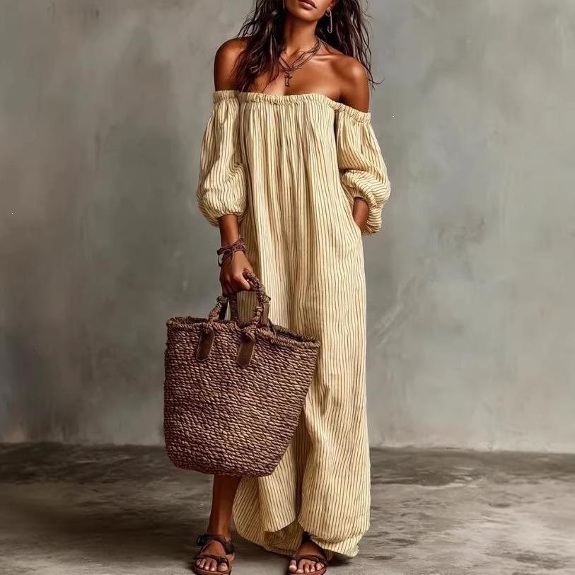 Vestido de verano europeo y americano nuevo, elegante, casual, suelto, con cuello de una palabra, a rayas