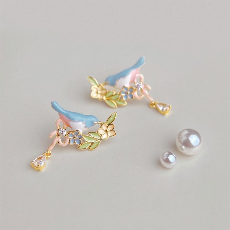 Bird Flower Earrings with Geometric Details Metal Construction Statement Ear Jewelry Suitable for Long Lasting Shine