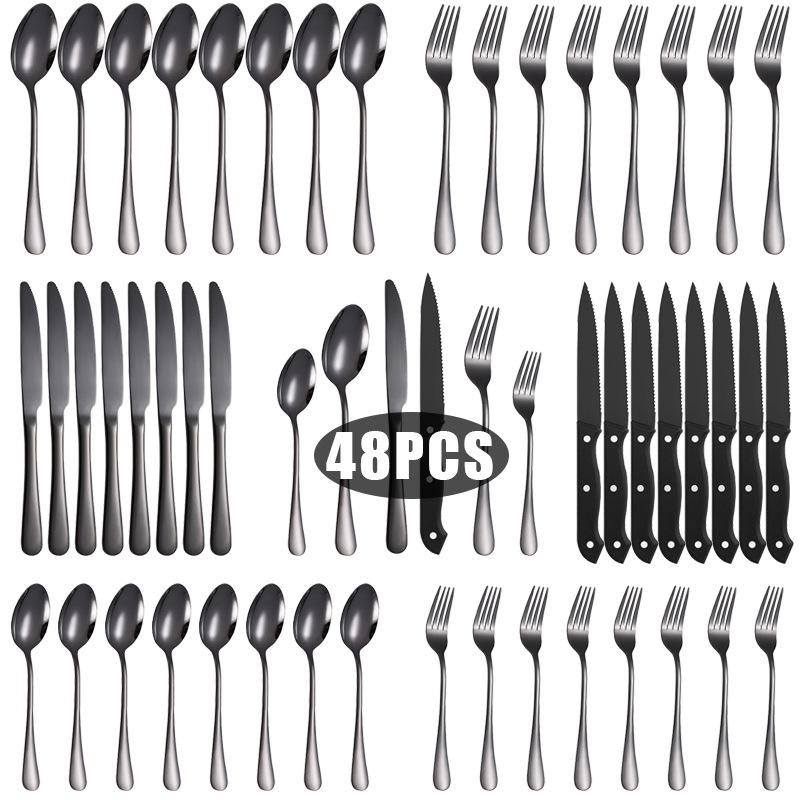 Tableware Set, Stainless Steel Cutlery Set, 8 People, Knife, Fork, Spoon Set, 48 Piece Set, Color Box Set, Steak Knife