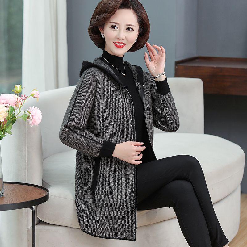 Middle Age Women Hooded Cardigan Spring Autumn Casual Coat Mom Long Sleeve Warm Wool Jacket Outerwear