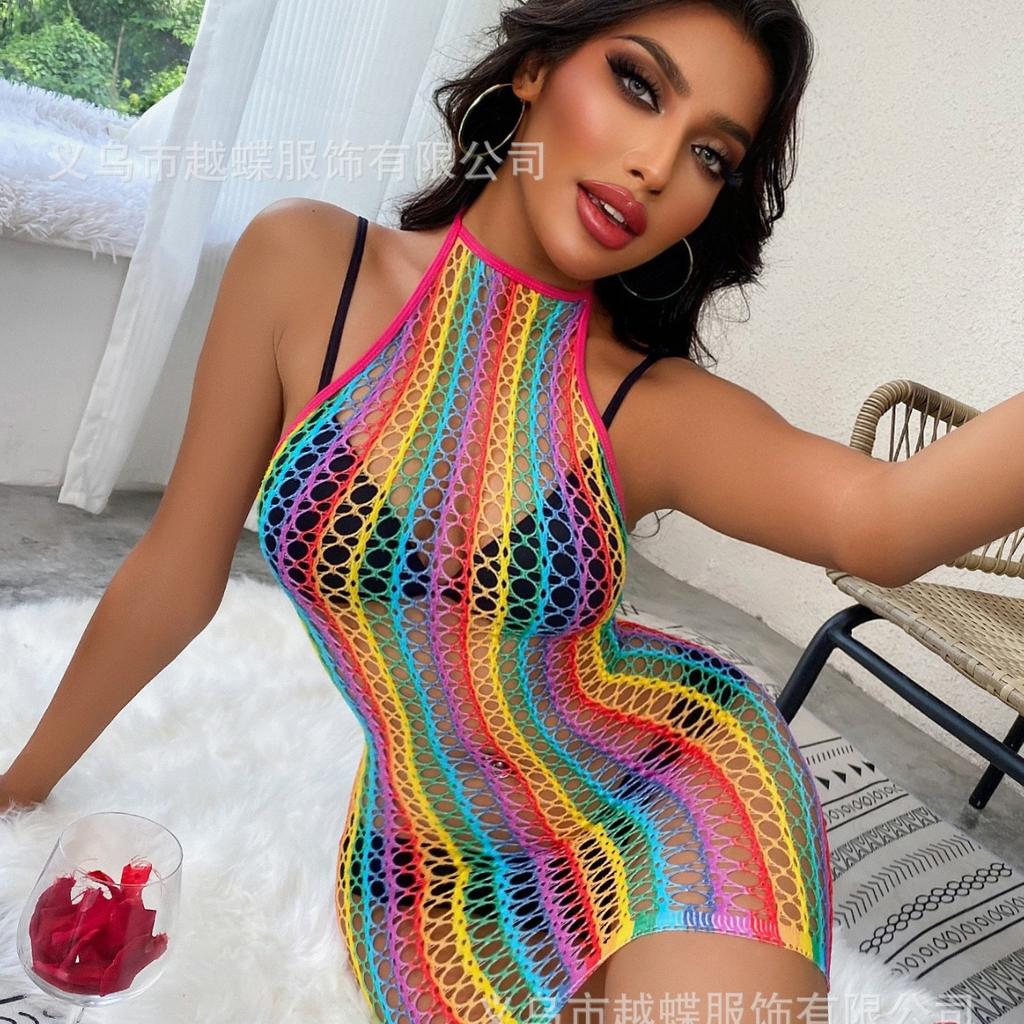 Sex net clothes pajamas high elastic set hollow fishing net color bar series YDC7