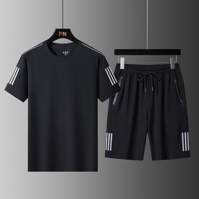 Summer Three Bars Men's Ice Silk Round Neck Short Sleeved Shorts Set Quick Drying Sports Running Set Men's