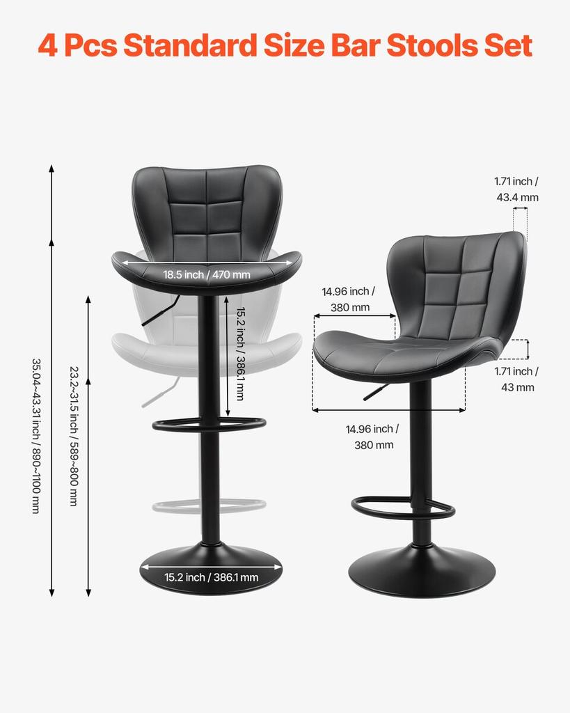 Bar Stool Set of 4, Modern PU Leather Counter Height Stools, Swivel Kitchen Barstool with Back and Footrest, Height Adjustable Armless Bar Chair,