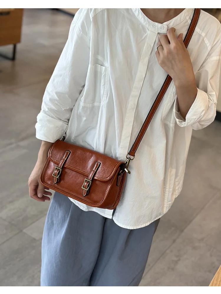 Johnature Retro Genuine Leather Women's Small Bag Cowhide Solid Color Versatile Shoulder Crossbody Bags