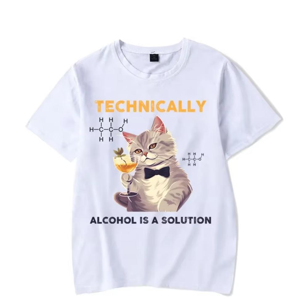 Technically Alcohol Is A Solution Graphic Tshirt Funny Cat Drinking Beer Tshirt Fashion Harajuku T-shirt Women Men Brand Tshirt