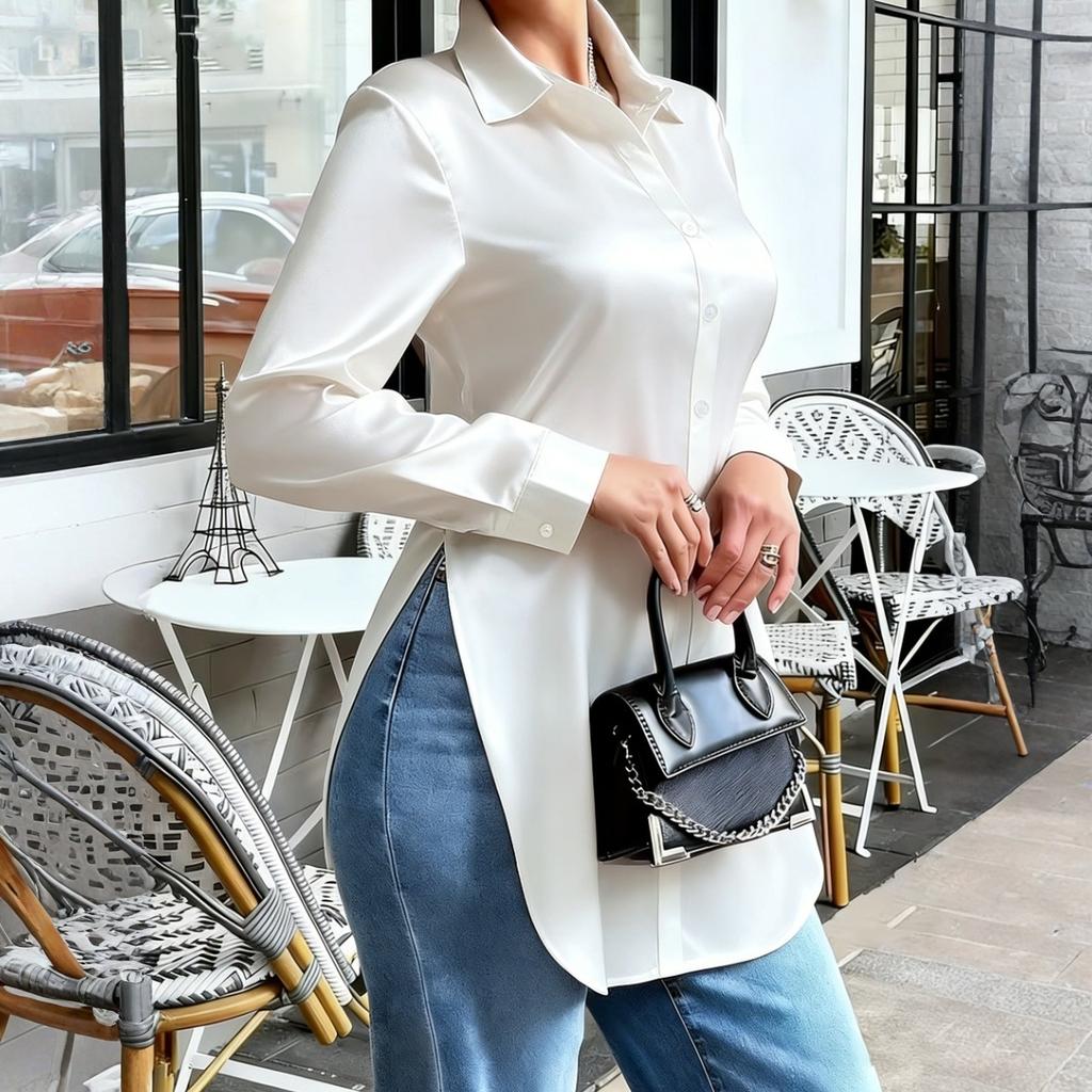 Modna damska, dopasowana, z nieregularnym dołem, długim rękawem, satynowa koszula
