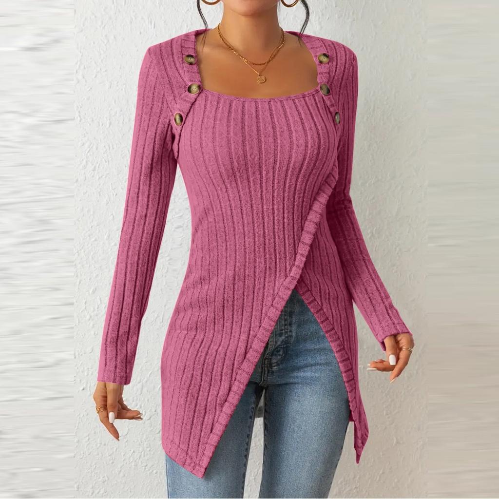Women's Fashion Casual Long Sleeve Solid Colour Square Neck T-Shirt Button Decoration Irregular Hem Top