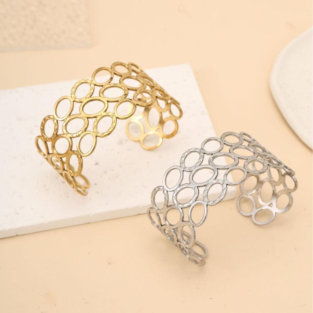 Gold Adjustable Wide Stainless Steel Open Cuff Bracelet for Women with European and American High-End Style